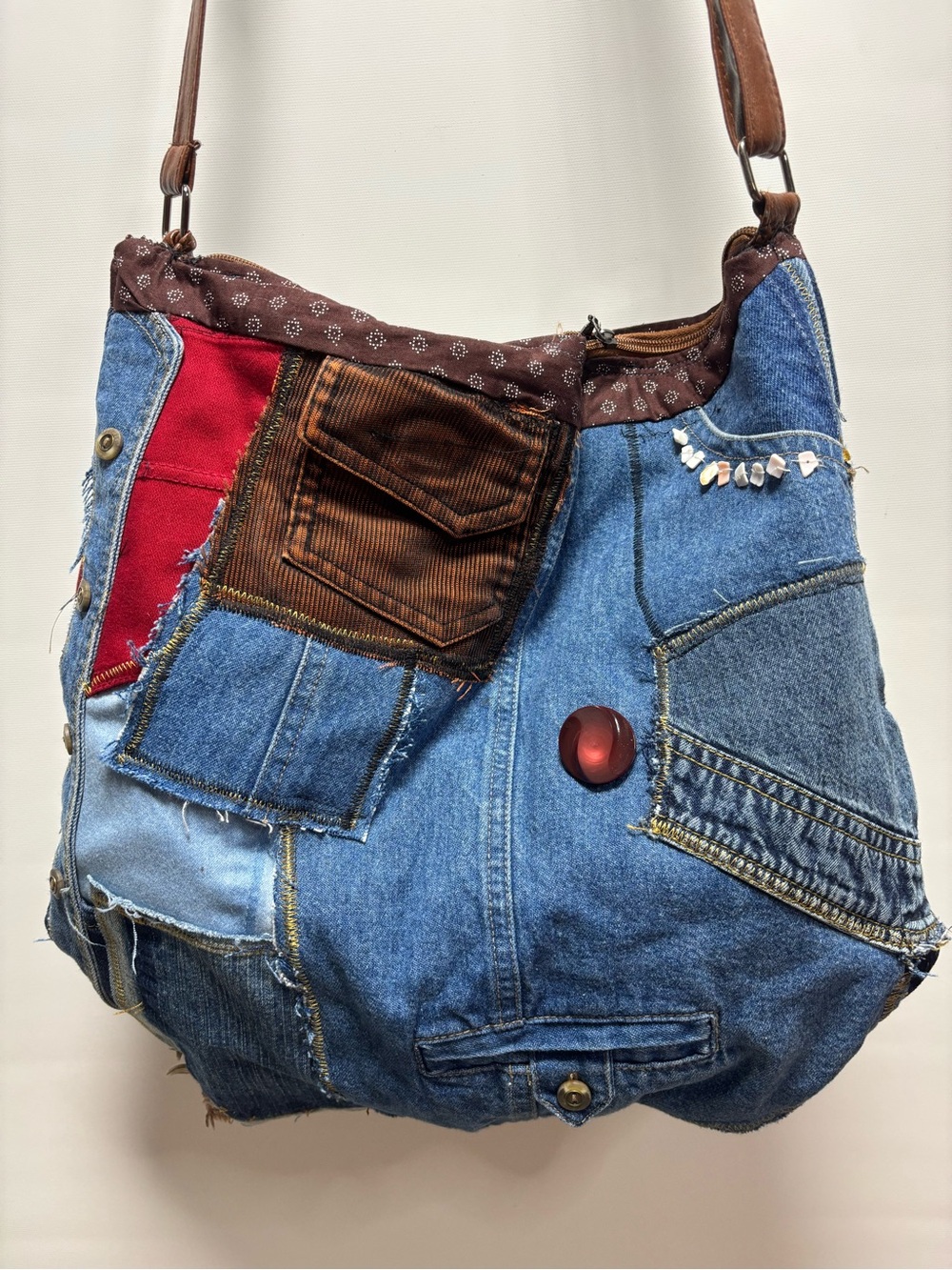 Denim Patchwork Shoulder Bag with Red and Brown Accents handmade